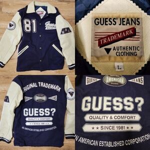 80/90s Vintage Guess USA MADE Letterman Varsity Jacket Wool Hard Leather Men L